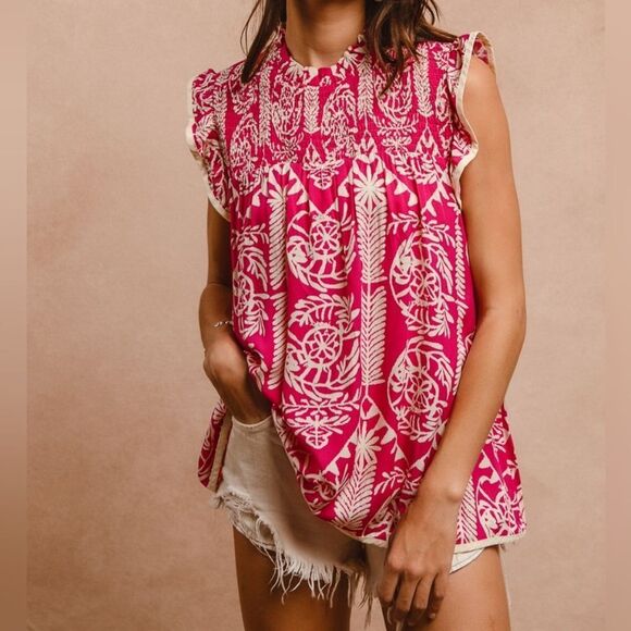 **BiBi Printed Ruffle Sleeve Top Pink and White Batik Print Women's Top - Picture 5 of 15